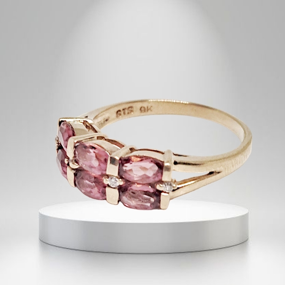 9K Yellow Gold Ring with Double Row Amethysts and 4 Diamonds - Picture 2 of 8